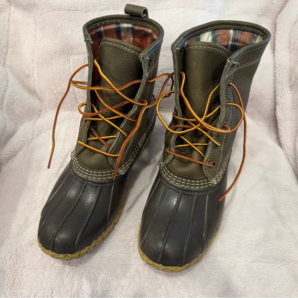 LL Bean Brown and Olive Bean Boots with Plaid Flannel Lining